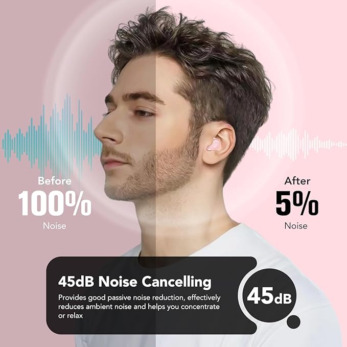 Ear Plugs for Sleeping Noise Cancelling, 45dB for Noise Reduction, Noise-Reducing Earplugs for Sleeping, Concerts, Shooting, Travel, Work, Silicone Hearing Protection Earplugs with Case, Rose