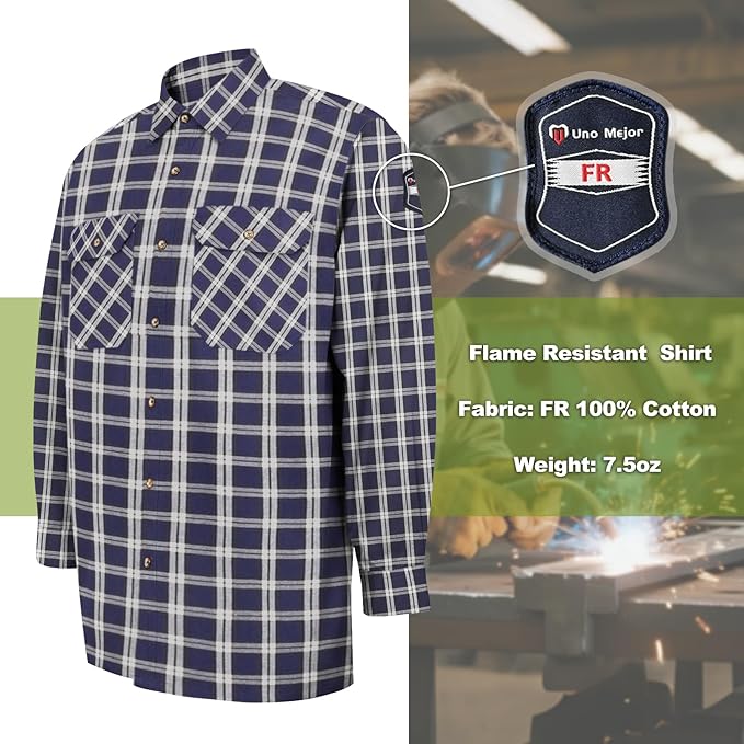 Welding Shirt 6.25oz FR Shirts for Men, 100% C Flame Resistant Welding Jacket for Work, Men's Fire Retardant FR Clothing for Men, Durable Welding Accessories, Navy-Plaid M