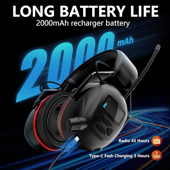 Hearing Protection AM FM Radio Headphones with 2000mAh Rechargeable Battery, 30dB SNR Noise Reduction Safety Earmuffs Protector, Up to 45H Radio Listening Time for Mowing Lawn Work