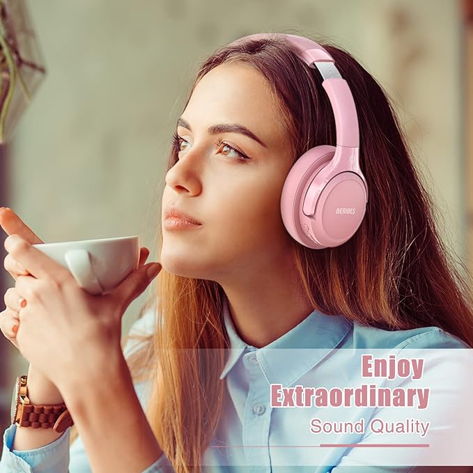 BERIBES Bluetooth Headphones Over Ear, 65H Playtime and 6 EQ Music Modes Wireless with Microphone, HiFi Stereo Foldable Lightweight Headset (Pink)