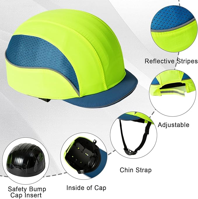 TIHEEN Unisex Safety Bump Cap, Baseball Hat Style with Reflective Stripes Lightweight and Breathable Hard Hat Head Protection Cap