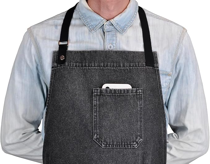 Cooking Apron with Pockets Mens Womens Professional Kitchen Bib Apron for Chef Grill BBQ (Black Denim -2)