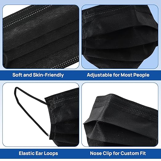 JMU 500pcs 3 Ply Black Disposable Face Mask, Medical Grade, Comfortable & Breathable Suitable for Protection