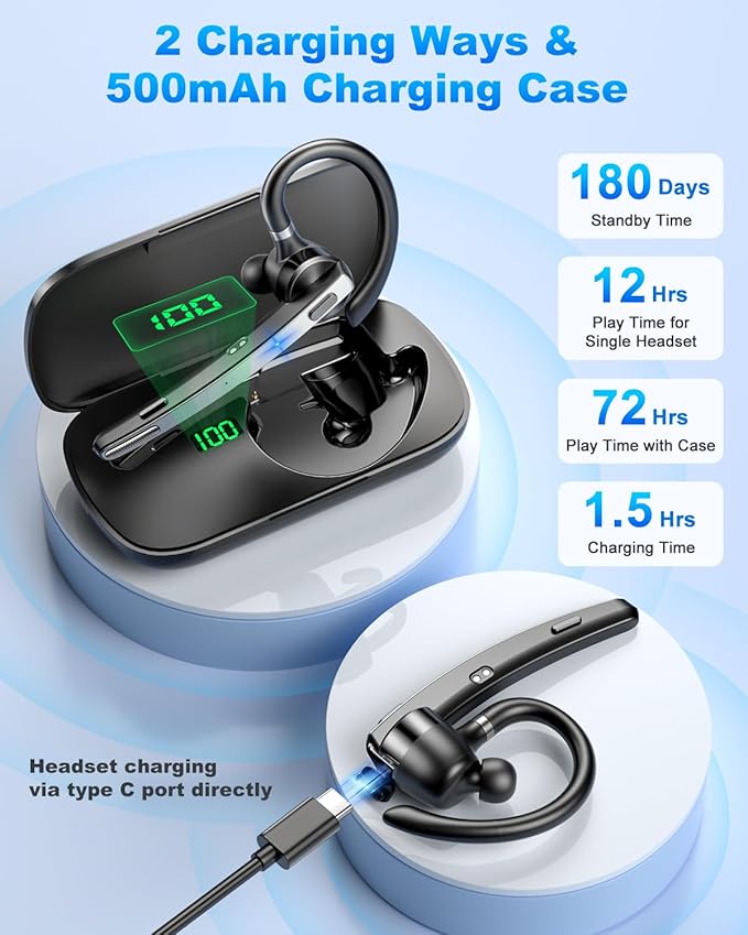 FEYCH Bluetooth Headset, Bluetooth Earpiece with 500mAh Charging Case 72H Talktime ENC Noise Cancelling Microphone V5.1 Hands-Free Wireless Headset for Cell Phone Call Office Business Driving