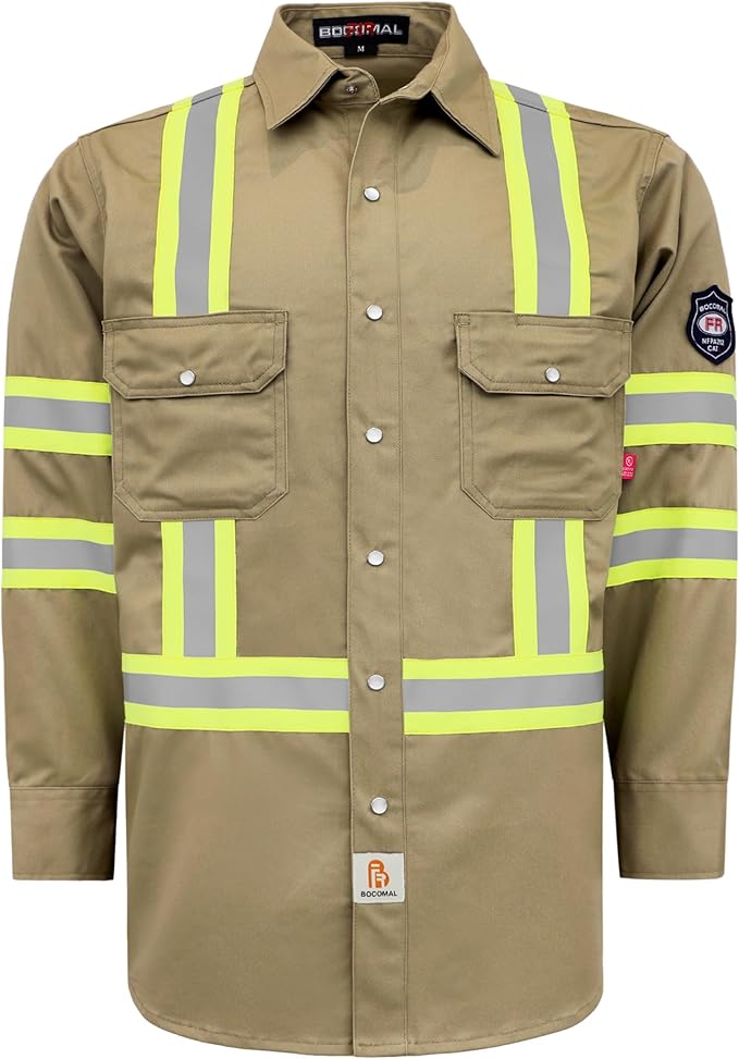 BOCOMAL FR Shirts High Visibility/Hi Vis Flame Resistant/Fire Retardant Shirt 7.5oz Men's Reflective Shirts