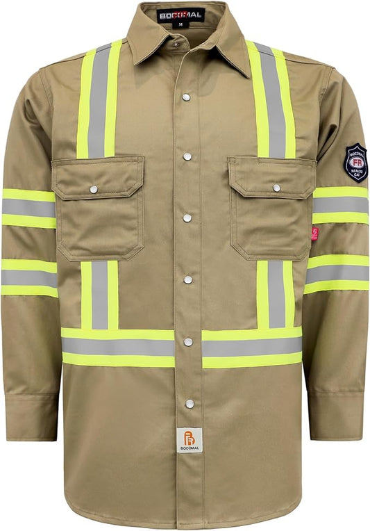 BOCOMAL FR Shirts High Visibility/Hi Vis Flame Resistant/Fire Retardant Shirt 7.5oz Men's Reflective Shirts