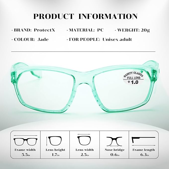 ProtectX Stylish Anti-Fog & Scratch-Resistant Safety Glasses With Readers, UV Protection Goggles, Anti-Impact Lightweight Glasses for Men＆Women Jade Reading 1.0-2 Pack
