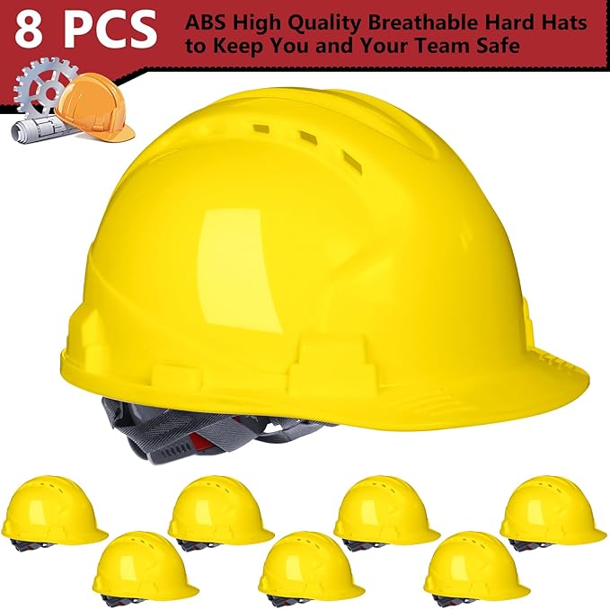 Leumoi 8 Pieces 4 Pt. Suspension Hard Hat Bulk Safety Helmets Adjustable Ratchet Hard Hats with Vents and Cotton Brow Pad ABS Construction Hardhats for Men Work Head Protection Supplies