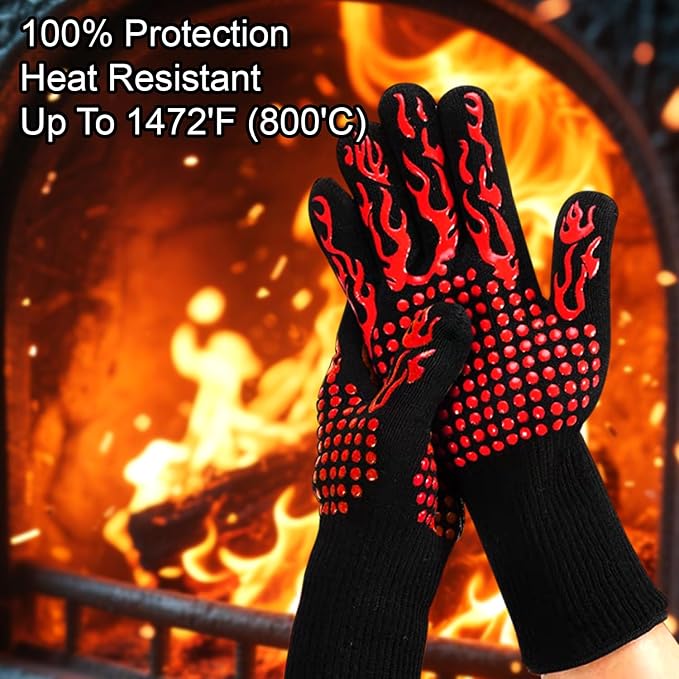 BBQ Gloves Fireproof, 1472°F/800°C F Heat Resistant Grill Cut-Resistant Mitts, Non-Slip Silicone Oven Gloves Long Kitchen Gloves for Barbecue Cooking Baking Cutting