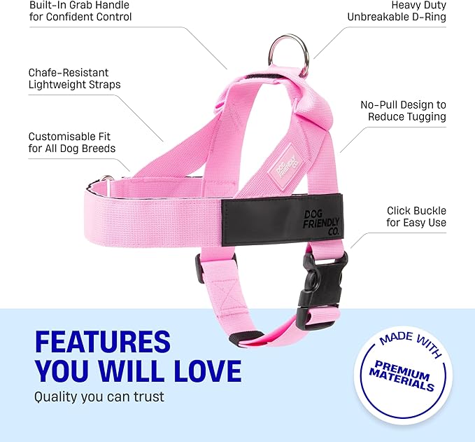 DF Co. Dog Harness | Chafe Resistant Webbing, Adjustable Neck & Chest, and Heavy Duty D-Ring | Sturdy, Comfortable, Easy to Use | Pink, Size L