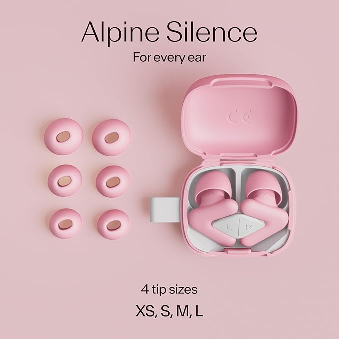 Alpine Silence Earplugs for Sleep, Focus & Travel - V-Shape Snug Fit & Soft Oval Tips – 4 Sizes XS/S/M/L - Comfortable, Reusable Hearing Protection - 22dB – Pink