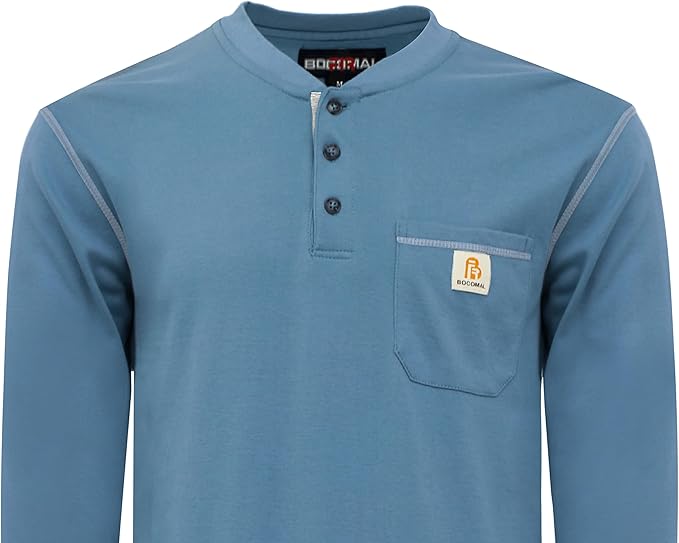 BOCOMAL FR Shirts for Men 5.5oz Lightweight Long Sleeve Work Henley Fire Resistant Shirt CAT2