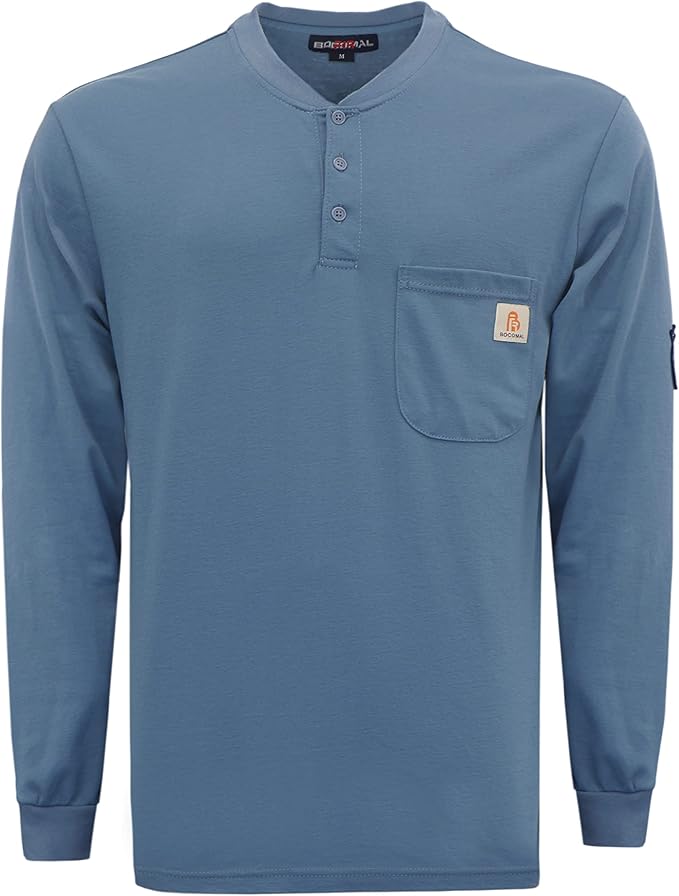 BOCOMAL FR Shirts Henley 7oz Midweight Fire Resistant Clothing NFPA2112 CAT2 Men's Flame Retardant Work Shirt