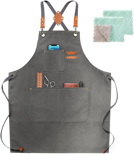 Chef Apron, Apron for Men Women with Adjustable Straps Cotton Canvas Cross Back Adjustable Apron with Pockets for Women and Men(Grey)