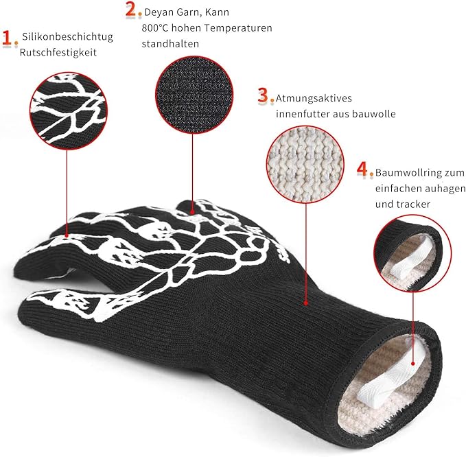 BBQ Grilling Gloves, Oven Gloves 1472°F Extreme Heat Resistant Grill Gloves, 14" Food Grade Kitchen Oven Mitts, Non-Slip Cooking Hot Gloves for Barbecue, Cooking, Cutting, Baking, Welding