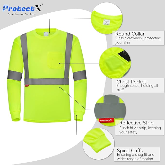 ProtectX Men's High Visibility Heavy Duty Long Sleeve Reflective Safety T-Shirts for Construction, Class 2-3 Type R