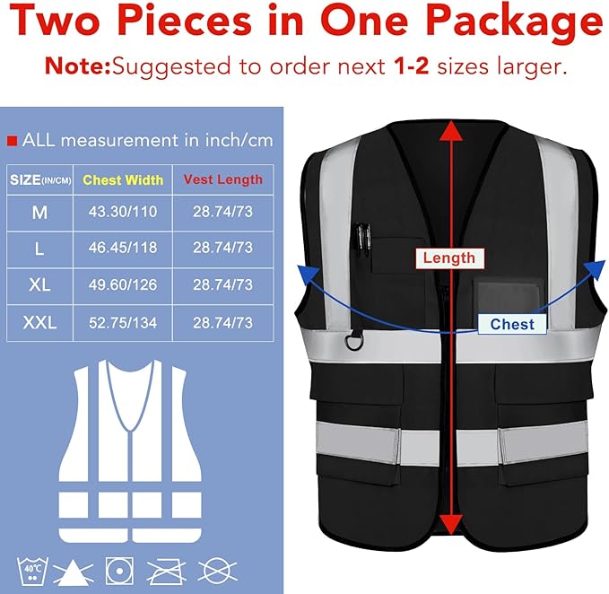 XPCARE 2-Pack Reflective Safety Vests with Pockets,Hi Viz Zipper Front Safety Vest,High Visibility Reflective Strips Working Vest-Black(X-Large)