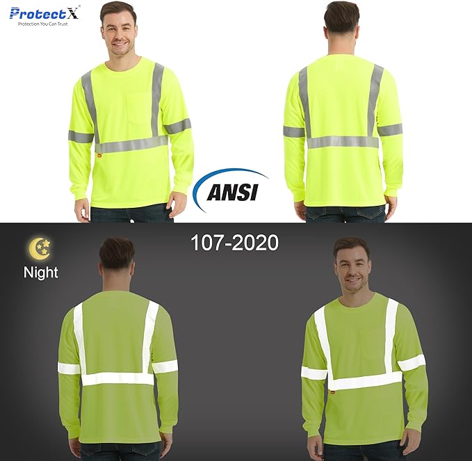 ProtectX Men's High Visibility Heavy Duty Long Sleeve Reflective Safety T-Shirts for Construction, Class 2-3 Type R