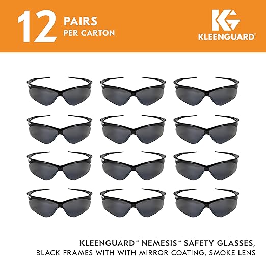 KleenGuard™ V30 Nemesis™ Safety Glasses (25688), with Mirror Coating, Smoke Lenses, Black Frame, Unisex Sunglasses for Men and Women (Qty 12)