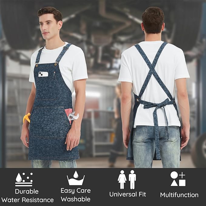Cotton Denim Apron for Men Women, Cross Back Chef Apron with Large Pockets Removable Straps for Kitchen Cooking Gardening BBQ Hair Stylist Barista, Heavy Duty Jean Work Apron Adjustable Size