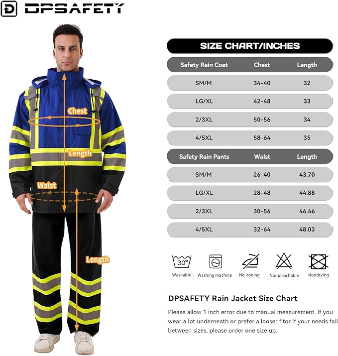 Hi Vis Safety rain Jacket，Reflective Class 3 Rain coat with Inner Mesh Lining and Pockets High Visibility Waterproof work Rain Suits for men&women（Blue,LG/XL）