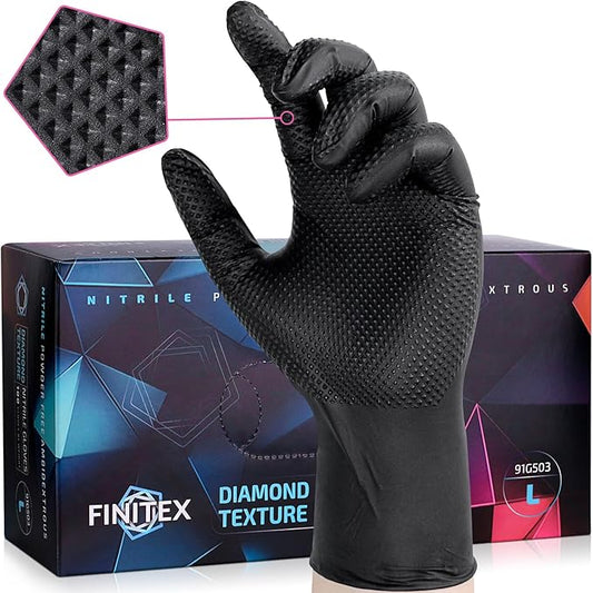 FINITEX Disposable Industrial Diamond Texture Nitrile Glove - Chemical Resistant Heavy Duty 6.3mil Mechanic Automotive Gloves