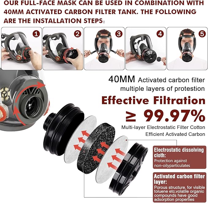 40MM Gas Mask Filters, 40mm Respirator Activated Carbon Filters for Full Face Respirator Mask Against Formaldehyde, Organic Vapor, Chemical, Dust, Spray, Welding