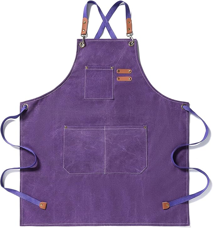 Chef Apron Medium-Thick Cotton Canvas,Cross Back with Multiple Pockets Adjustable Work Apron for Men and Women (Purple)