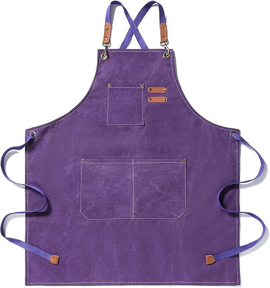 Chef Apron Medium-Thick Cotton Canvas,Cross Back with Multiple Pockets Adjustable Work Apron for Men and Women (Purple)