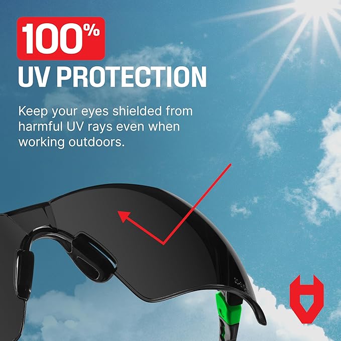 NoCry Safety Sunglasses with Green Tinted Wraparound Lenses — ANSI Z87.1 Tinted Safety Glasses for Men and Women with Adjustable Arms and No-Slip Grips — Work Glasses with 100% UV Protection