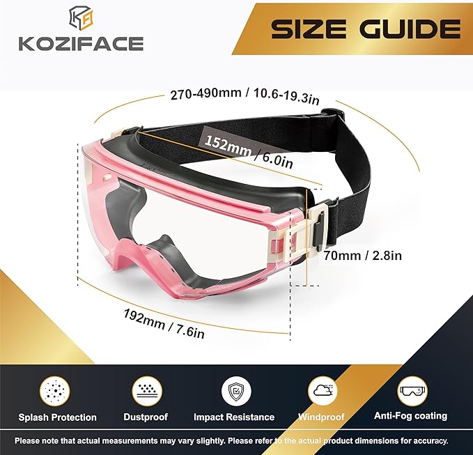 KOZIFACE S60 Safety Goggles, Anti-Fog Full-Seal Protective Eyewear with Strap & Arms, ANSI Z87.1+ Certified