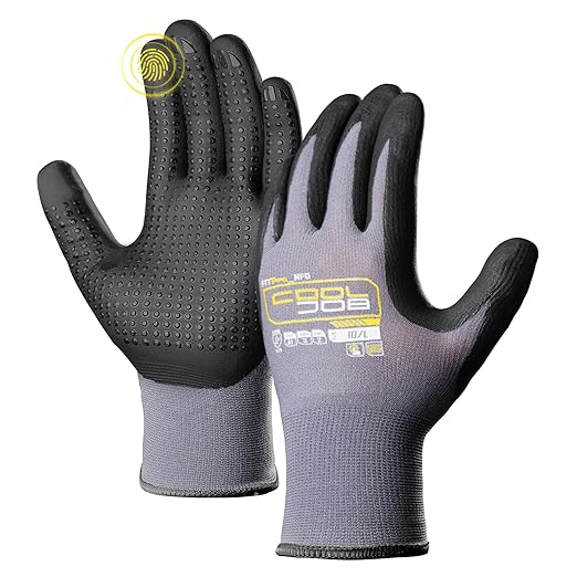 COOLJOB 36 Pairs Nitrile Rubber Dipped Safety Work Gloves with Grip Dots, Seamless Knit Nylon Gloves with 2 Fingers Touchscreen, Non-slip Coated for Warehouse, Home Improvement, Yard, Grey Large