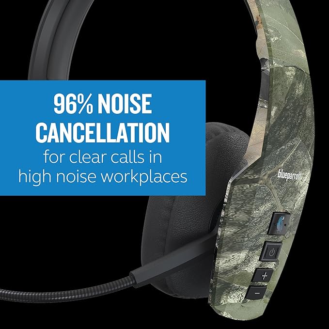 BlueParrott B450-XT Mono Bluetooth Wireless Headphones 96% Noise Canceling Mossy Oak Obsession Edition Trucker Headset with Mic, Comfort Padded Headband, 300 ft. Wireless Range, 24 hrs Talk Time, Camo