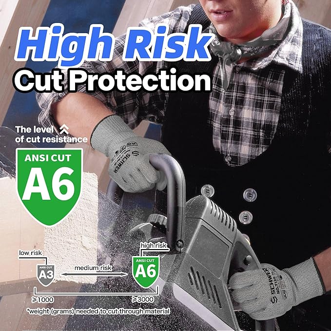 Schwer 6 Pairs ANSI A6 Cut Resistant Gloves CR7120 Cut Proof Work Gloves, Touchscreen, for Men and Women Used for Woodworking, Glass Cutting, Construction, Cargo Handling, Car Repair, S