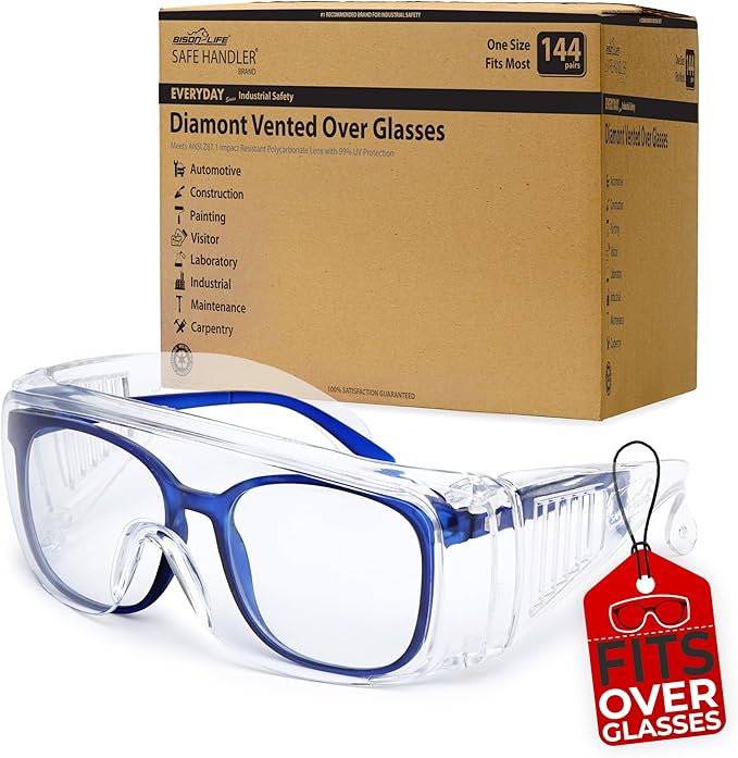 BISON LIFE Diamont Vented Over Glasses Safety Glasses | Meets ANSI Z87.1, Impact Resistant Polycarbonate Lens