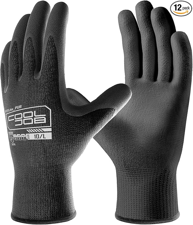 COOLJOB 12/60 Pairs Safety Work Gloves Pack Bulk with Grip PU Coating, 13 Gauge Seamless Knit Gloves with Polyurethane Dipped for Warehouse Working, Breathable Lightweight for Men Women, Black Xlarge