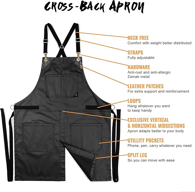 Under NY Sky Cross-Back Panther Black Apron – Coated Twill with Leather Reinforcement and Split-Leg – Adjustable for Men and Women – Pro Barber, Tattoo, Hair Stylist, Barista, Bartender, Server Aprons