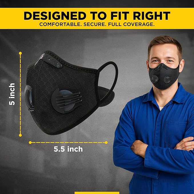 ToughCraft Reusable Dust Mask, Breathable Face Mask with 6 Filters for Dust, Welding, Construction, Sanding, Paint, Woodworking, Dual Breathing Valve for Cycling, Running, Outdoor Sports - Black