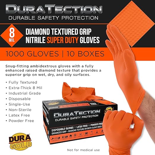 Dura-Gold Duratection 8 Mil Orange Super Duty Diamond Textured Nitrile Disposable Gloves, 10 Boxes of 100, Medium - Latex Free, Powder Free, Food Safe, Safety Protection Work Gloves, Industrial