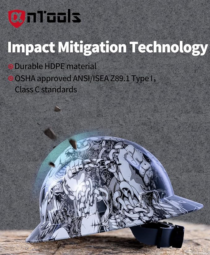 Skeleton Pattern Design Full Brim Hard Hat, OSHA Approved Construction Hard Hats for Men, 4-Point Adjustable Suspension, ANSI Z89.1