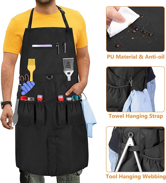 Large BBQ Grilling Apron, Cooking Apron for Men with Pockets & Slit Hem, Kitchen Apron with Adjustable Neck Strap for Men & Women, Work Apron for Chef, Barber, Painter, Carpenter, Apron Only