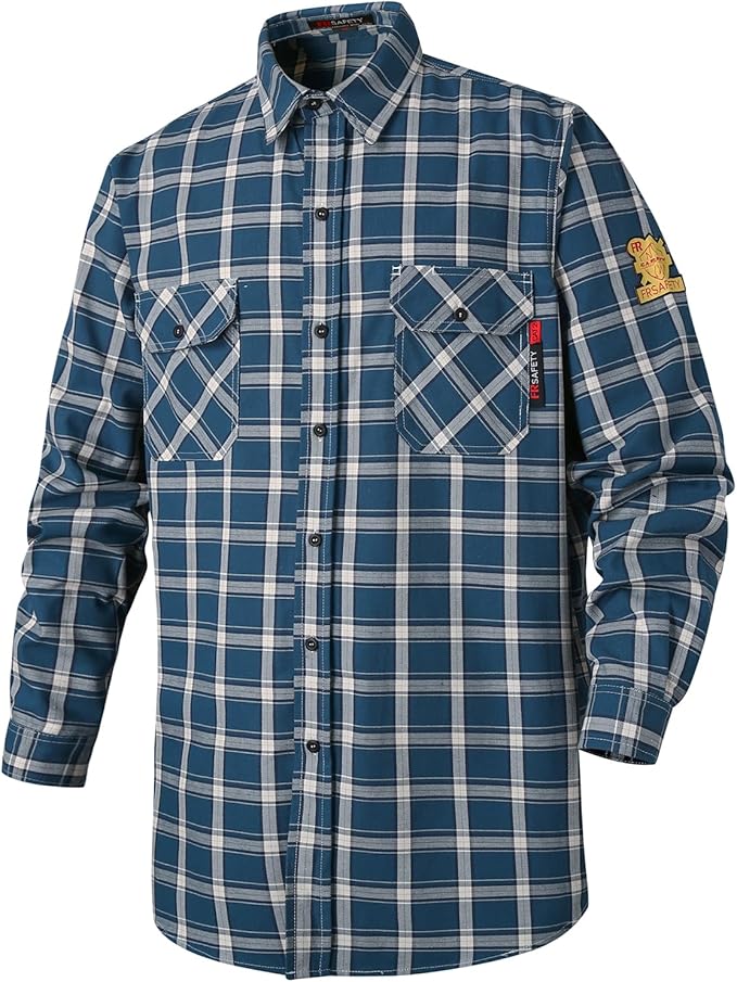 FR Shirts for Men 7oz Fire Resistant Shirts NFPA CAT2 Welding Shirt 100% Cotton Flame Resistant Shirt Blue/Plaid(Medium)