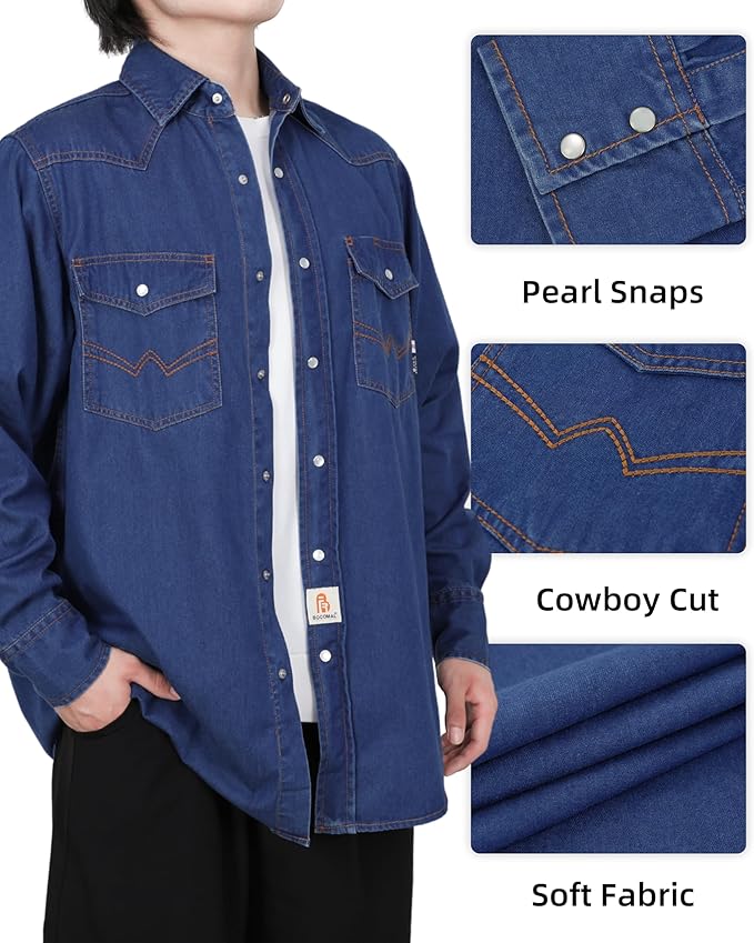 BOCOMAL FR Shirts Washed Denim EX Soft Midweight Smooth Fit Pearl Snaps Down Durable Flame Resistant Work Clothing