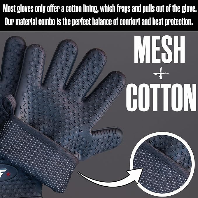 Silicone Oven Mitt - Heat Resistant BBQ Gloves with Fingers for Grilling or Smoker Pit, Easy Clean Waterproof Heat Proof Grill Glove for Baking & Cooking (Black)