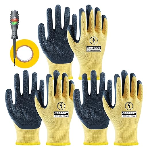 Insulated Electrician Gloves 400V High Voltage Resistant, Flame Retardant & Rubber Non-Slip Grip for Electrical Work (Yellow, 3PCS)