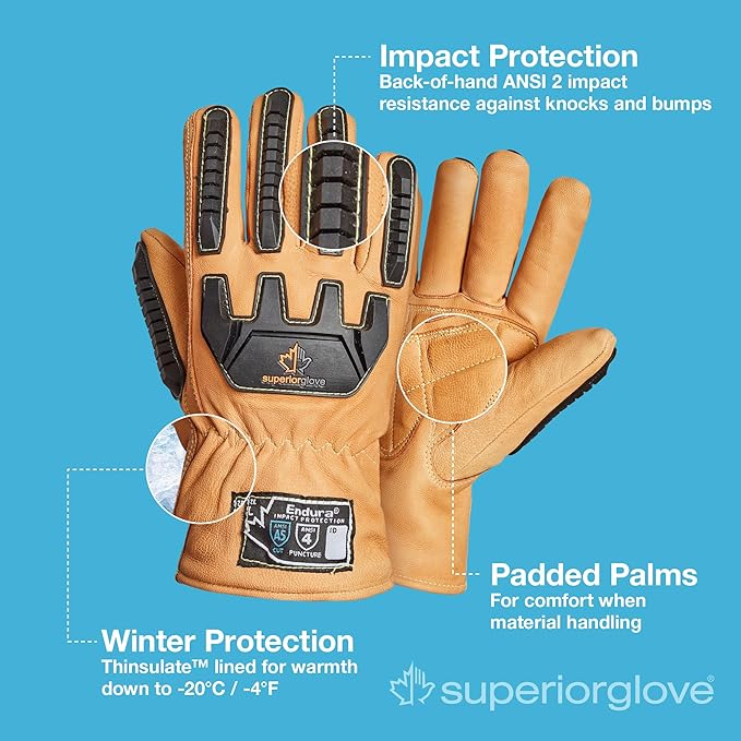 Superior Glove Endura Cut and Impact Resistant Leather Work Gloves – Insulated for Cold Winter Temperatures – 378KGTVB X-Large (Pack of 1 Pair)
