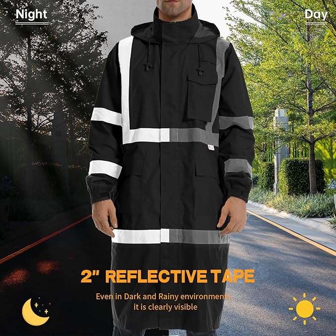 Hi Vis Rain Jacket with 3M Reflective Stripe,High Visibility Class 3 Rain coats,Safety Waterproof Rain Suits for Men with Hood and 2 Large Pockets construction work rain gear(Black 3XL)