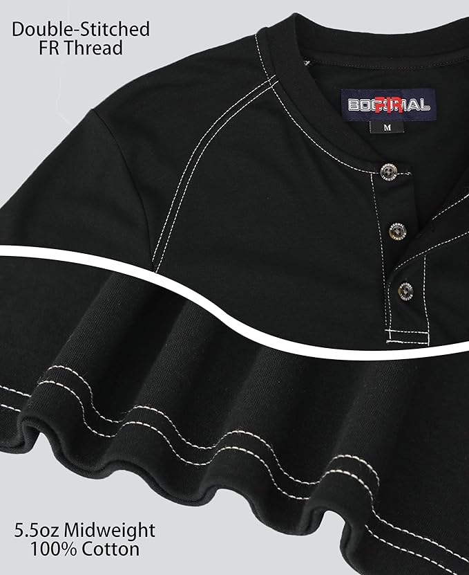 BOCOMAL Men's FR Shirt Pocket Henley Lightweight Flame Resistant Cotton Long Sleeve Workwear UL NFPA2112 CAT2 Welding Tee