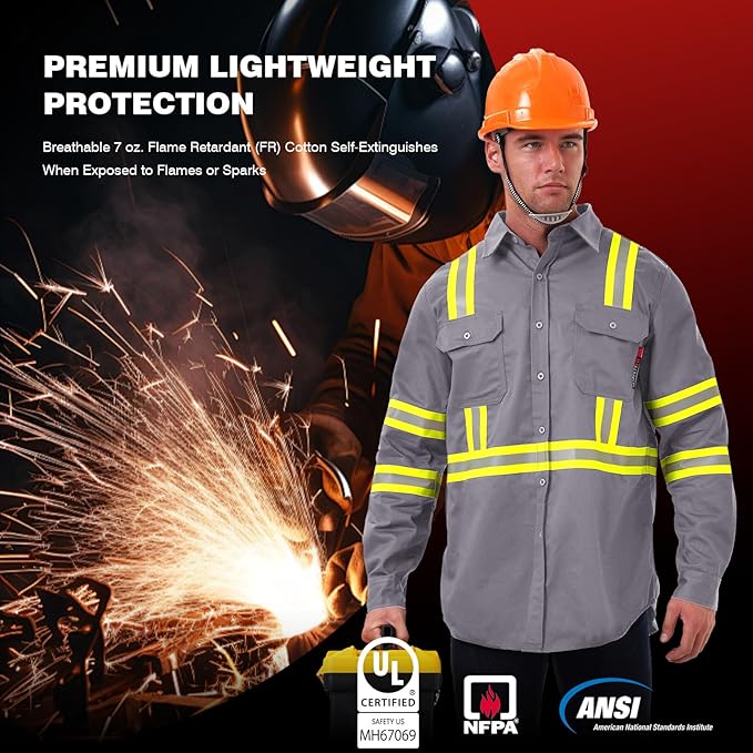 SKSAFETY 7oz FR Shirts for Men, Welding Shirt Hi Vis Flame Resistant 100% Cotton Fire Retardant Longsleeve Shirt CAT2/NFPA