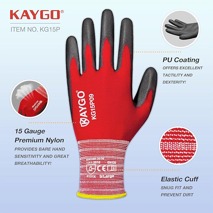 KAYGO Work Gloves PU Coated-12 Pairs, KG15P,Nylon Lite Polyurethane Safety Work Gloves, Gray Polyurethane Coated, Knit Wrist Cuff,Ideal for Light Duty Work (Large, Red)